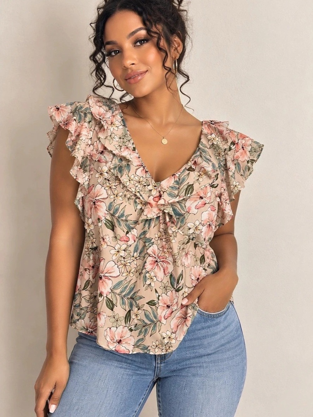 Floral Ruffle Blouse in Pink & Green Like New